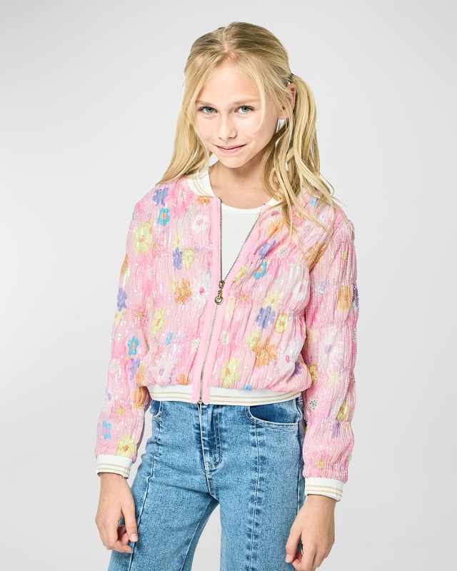 Girl's Sequin Floral-Print Bomber Jacket, Size 7-